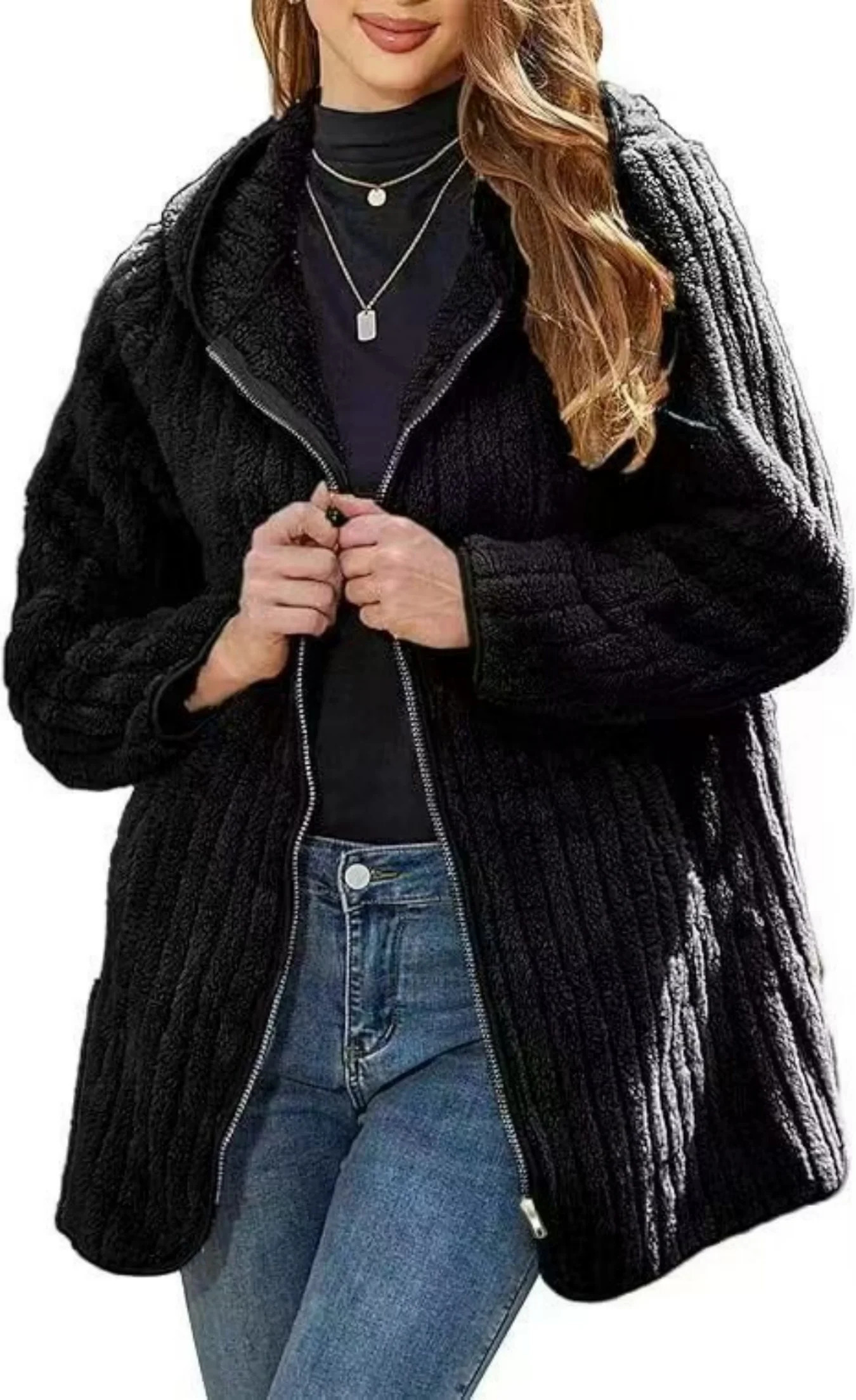 Plus Size Zip Up Teddy Coat Casual Hooded Warm Winter Outerwear With Pocket Womens Clothing 251027