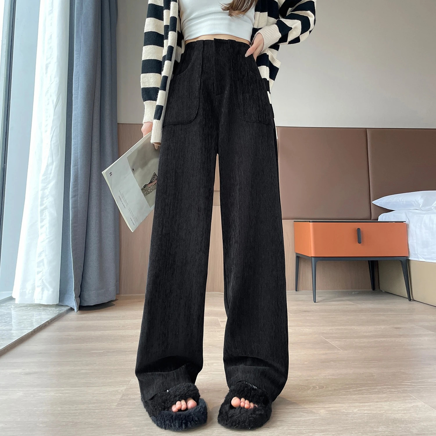 Autumn Winter High Waist Vintage Corduroy Womens Wide Leg Pants Pockets Korean Casual Loose Full LengthTrousers Female 251027