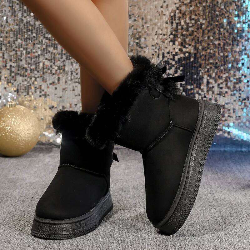 New Fashionable Bow Round Toe Elegant Snow Boots Winter Flat Wear-resistant Soft Students Plus Veet Warm Women's Shoes