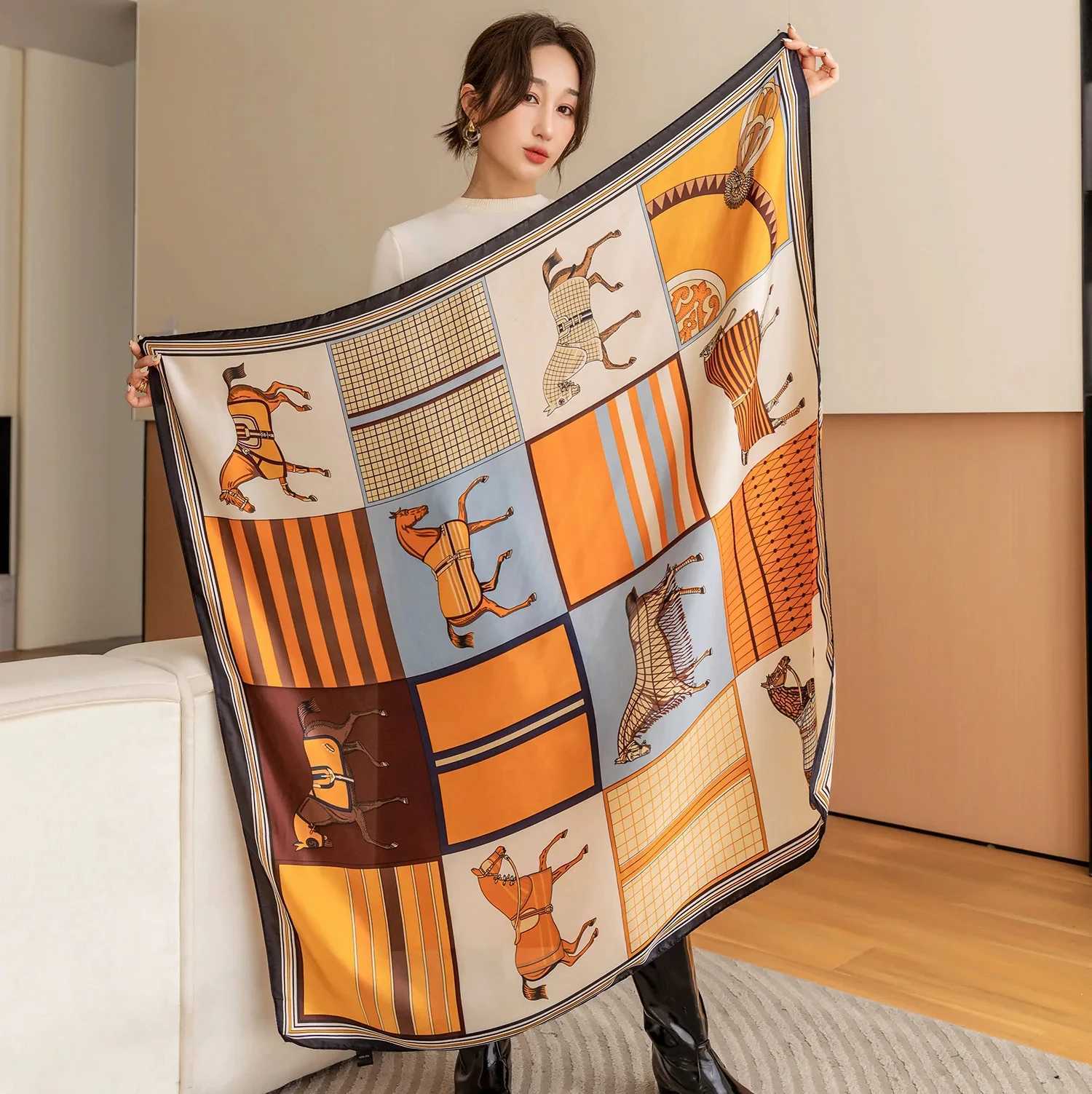 Luxury Horse Print Square Scarf Vintage Silklike Satin Shawl Scarf Wen Windproof Outdoor Wrap 110110cmW251027