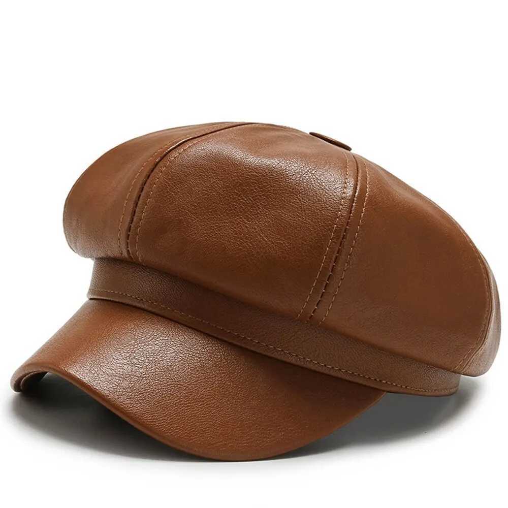 1pc Retro Fashion Womens Pu Leather Octagonal Hat Versatile Autumn And Winter Temperament Big Head Circumference BeretW251027