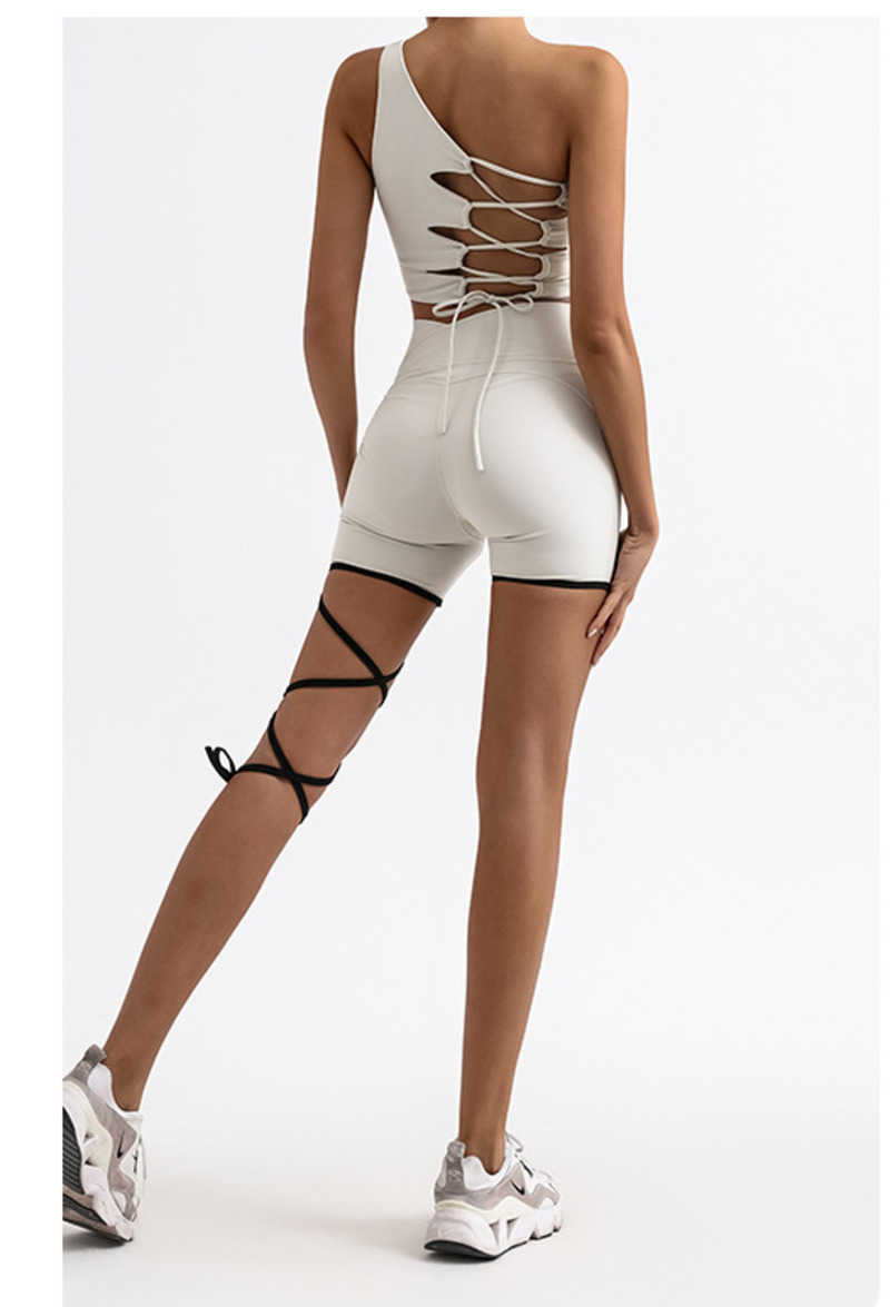 European and American sports fitness set - women's single-shoulder beautiful-back yoga top, high-waist training quick-drying laced shorts, two-piece set Z251027