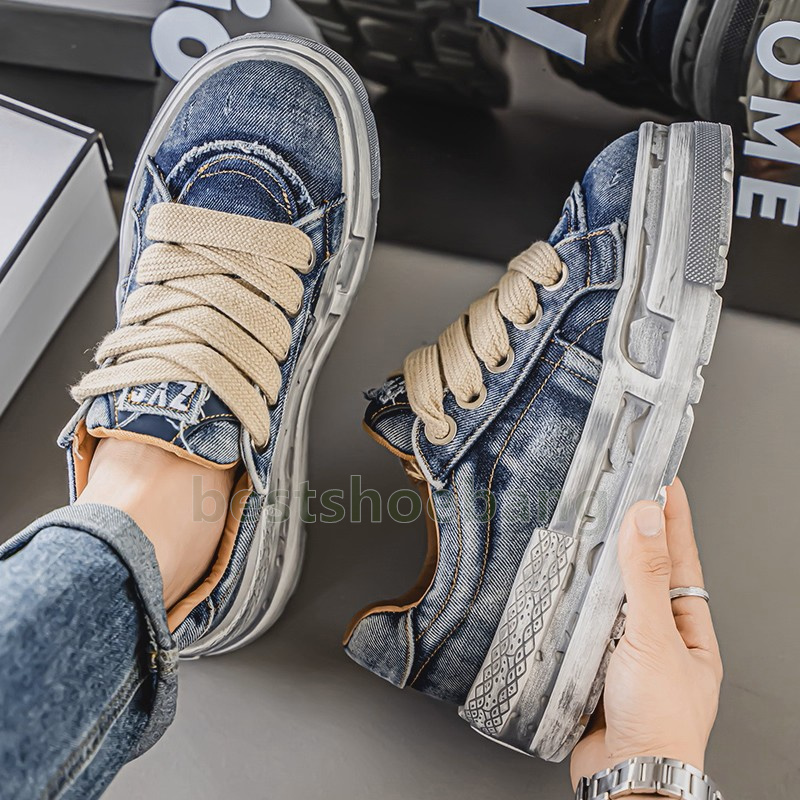chic casual mens designer shoes canvas sneakers comfy anti-slip vintage washed blue denim style height-boosting durable trainers size 39-44
