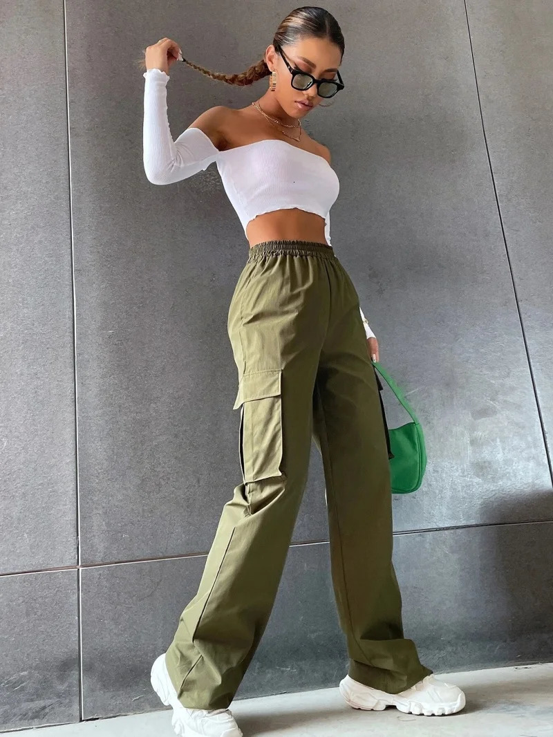 Y2K Solid Ripped Baggy Pants Fashion Women Pocket Elastic Waist Retro Straight Sweatpant Casual Streetwear Cargo Trousers 251027
