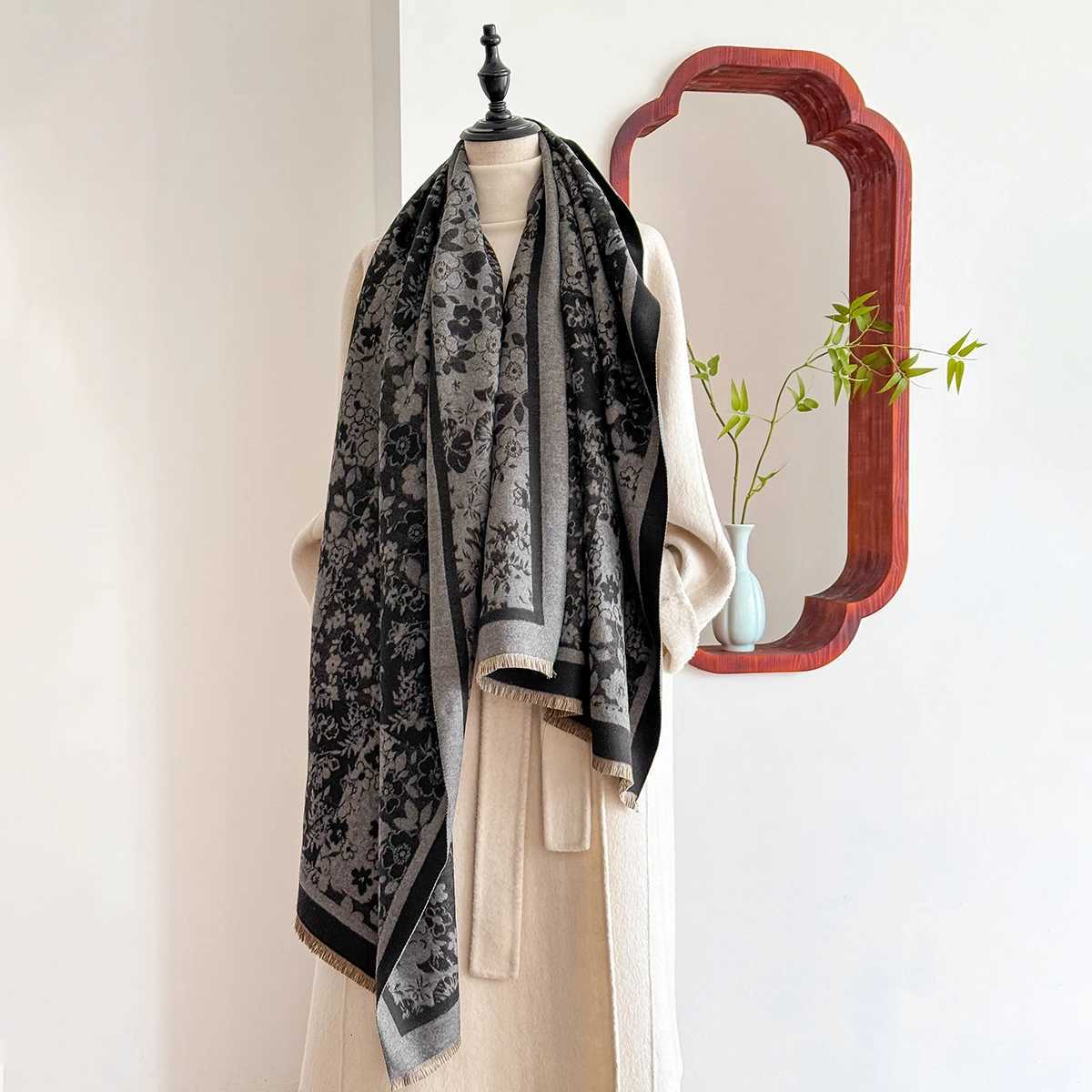 Winter Wens Luxury Thick Warm Pashmina Wrap Imitation Cashmere Scarf Flower Jacquard Design Casual TwoSided WrapW251027