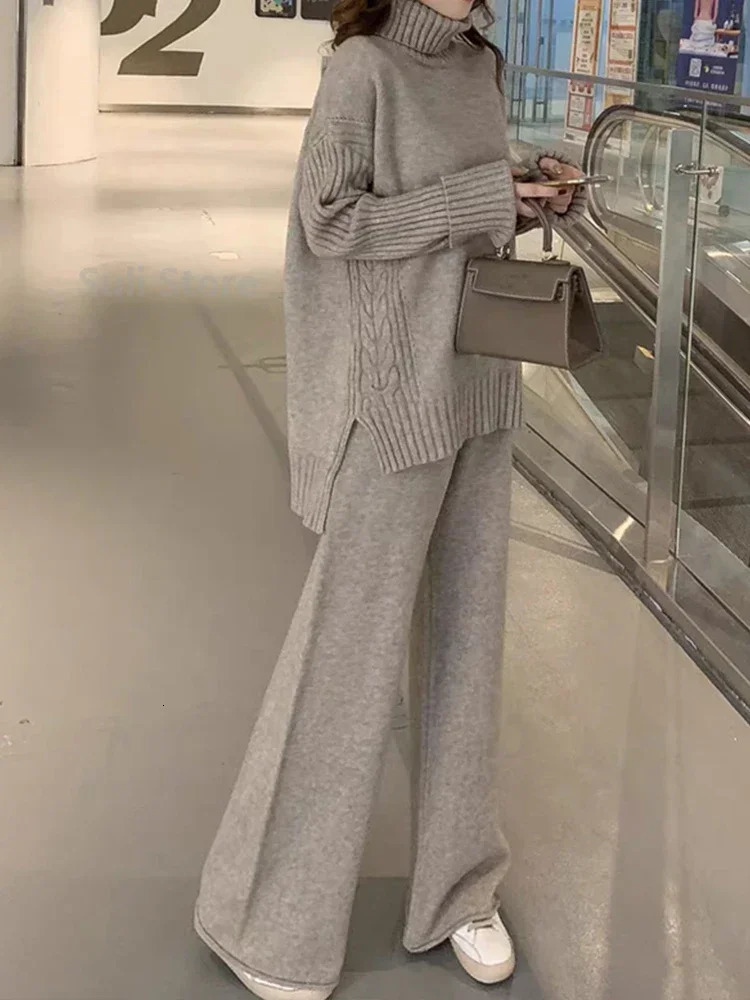Sweater Set Warm suit for Women Winter Knitted Suits 2 Piece Soild Turtleneck Loose Trousers Office Lady Suit 251027