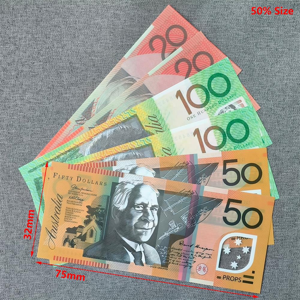 5A+ Ultra-thin Polymer Prop Money AUS AUD Australian 10 20 50 Fake Money Movie Money Toy For Kids Christmas Gifts Video Film New year Party Supplies 75*32mm 50% Size
