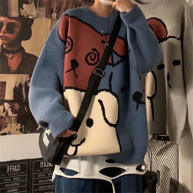 Men's Sweater Korean Style Loose Fit Autumn Winter Thickened Trendy Designer Sweater Ins Lazy Style Knitted Sweater Cartoon Bear Round Neck Wool 