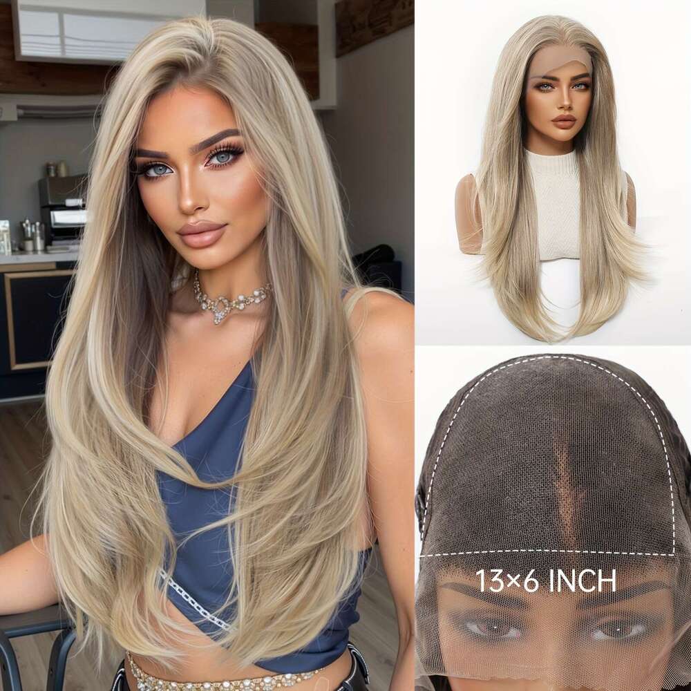 13X6 HD Transparent Front 26Inch Straight Hair Synthetic Glueless Lace Wig With Pre Plucked Natrural Hairline Daily Wear Party-Natural Look & Comfort 
