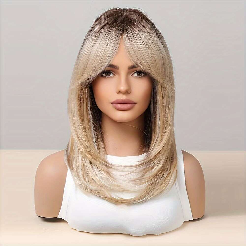 18-Inch Blonde Layered Wig With Bangs - Chic Women's Curly Wave Synthetic Hair, Dark Roots, Rose Net Cap, High-Temperature Fiber