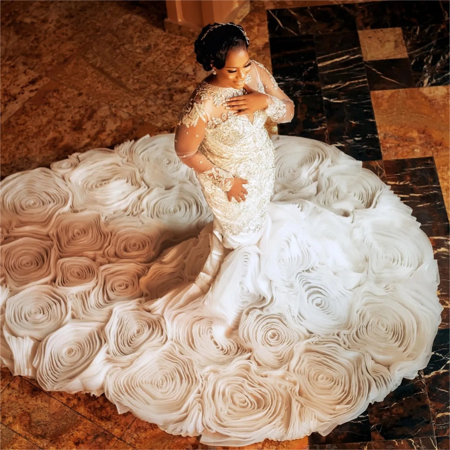 Arabic Aso Ebi Plus Size Mermaid Wedding Dress in Ivory with Lace Beaded Crystals and Luxurious Tiers