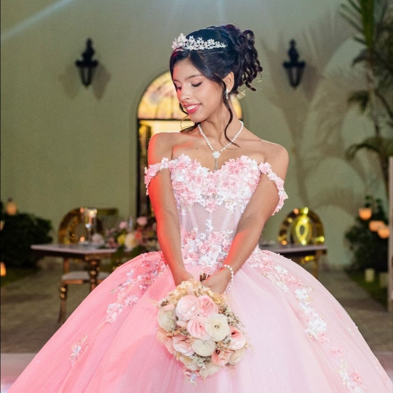 Light Pink Shiny Quinceanera Dresses Off The Shoulder Applique Flower Beading Tull Party Birthday Sweet 16 Dress Vestidos 15 De Anos