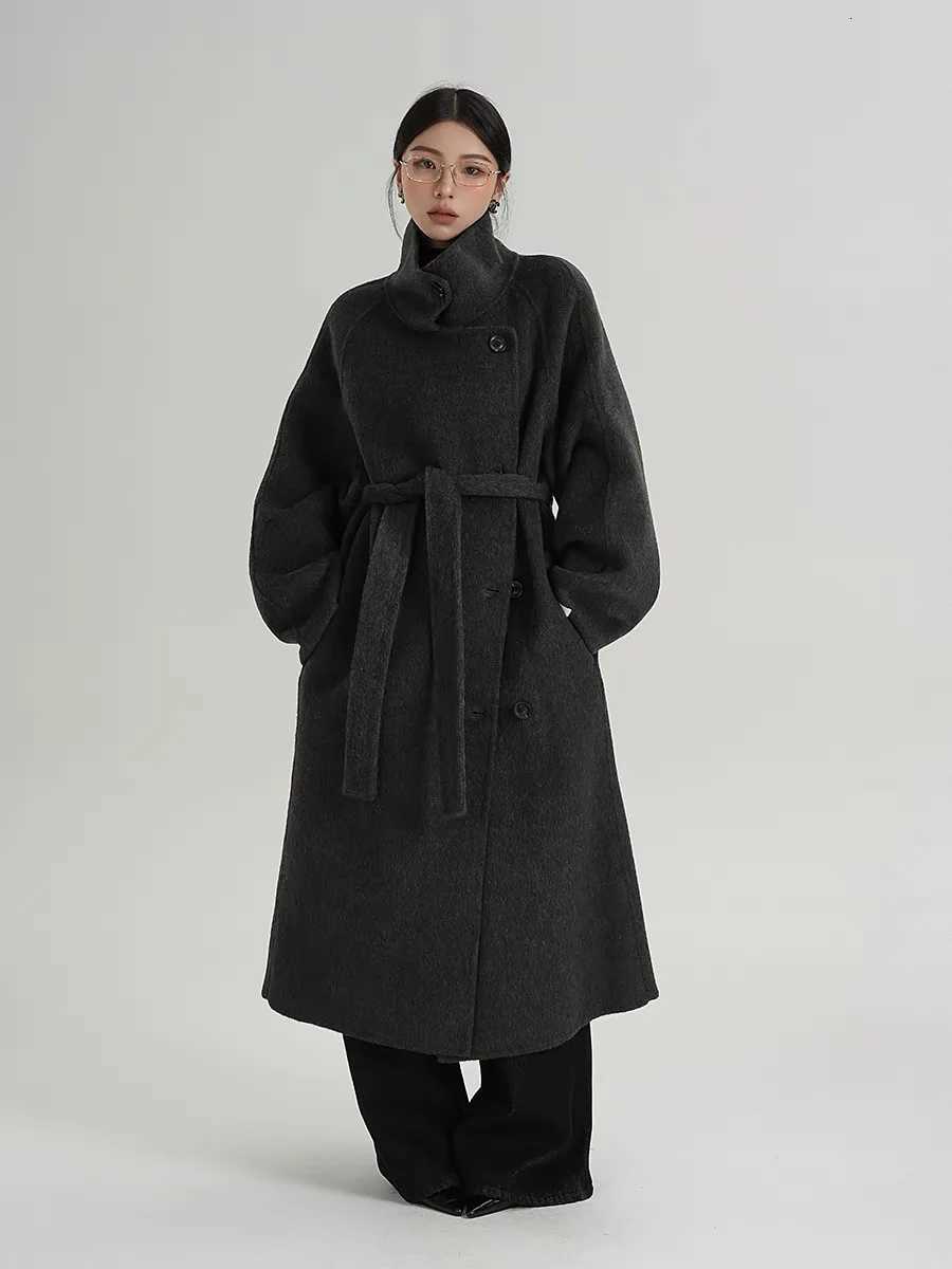 Advanced Gray Standing Collar Long Woolen Coat For WomenS Autumn And Winter Clothing New Fashionable DoubleSided Woolen Coat M251027
