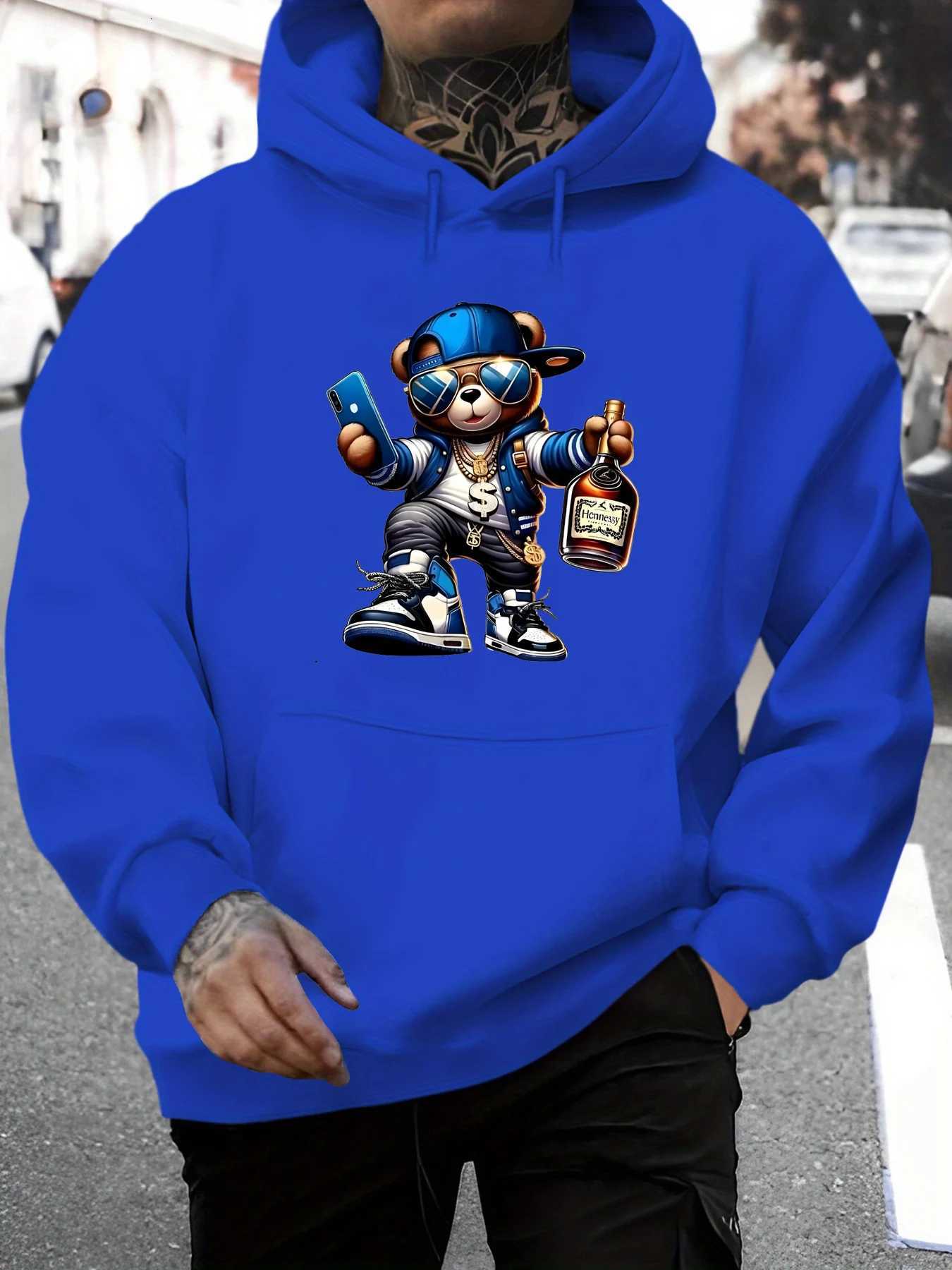 Mens autumn and winter casual fashionable loose hooded sweatshirt with cool bear pattern printed long sleeved warm pullover W251027