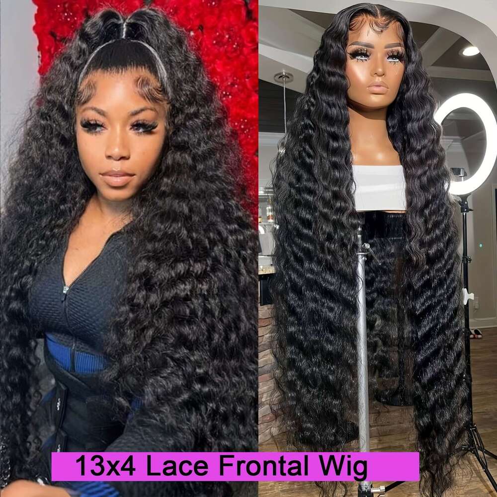 200% Density Frontal Long Deep Wig Synthetic Heat Resistant Fiber Hair Premium Curly Natural Black 13*4 Hairpiece For Women With HD Transparent Lace W