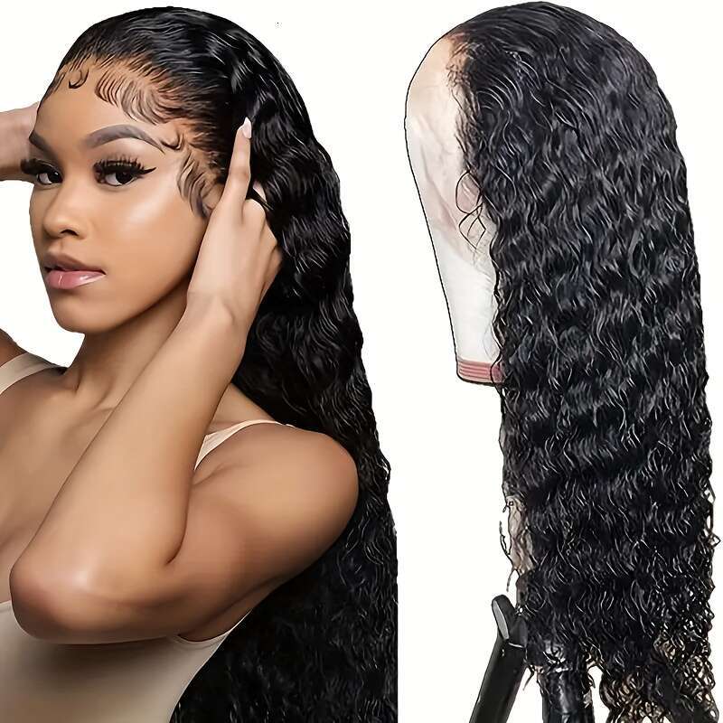Black 200% Density Long Heat Resistant 13X4 Front Women - Pre-Plucked Hairline, 24 Inch Deep Water Wave Synthetic Lace Frontal With Transparent HD Lac