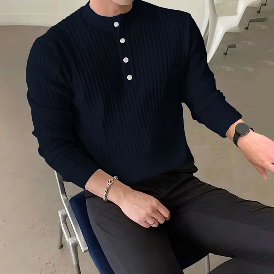 Men Winter Half Turtleneck Button Neck Long Sleeve Sweater Top Knitwear Pullover Causal Fashion Solid Color Tops 251016