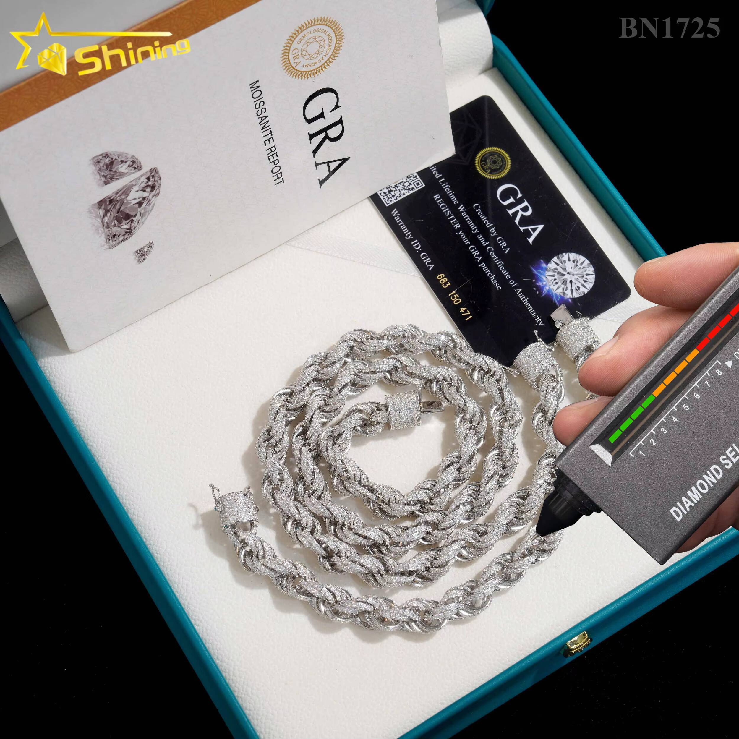 Fine Jewelry Hot Selling 10MM Diamond Cut 925 Silver Hip Hop Necklace Iced Out Moissanite Rope Chain