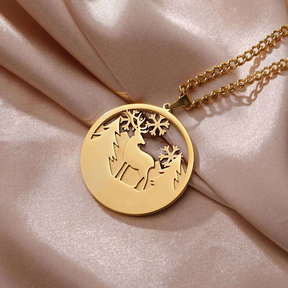 Lemegeton Snow Deer Necklace Stainless Steel Double Pendant Choker Neck Chain Forest Animal Jewelry Couple Christmas Day Gifts