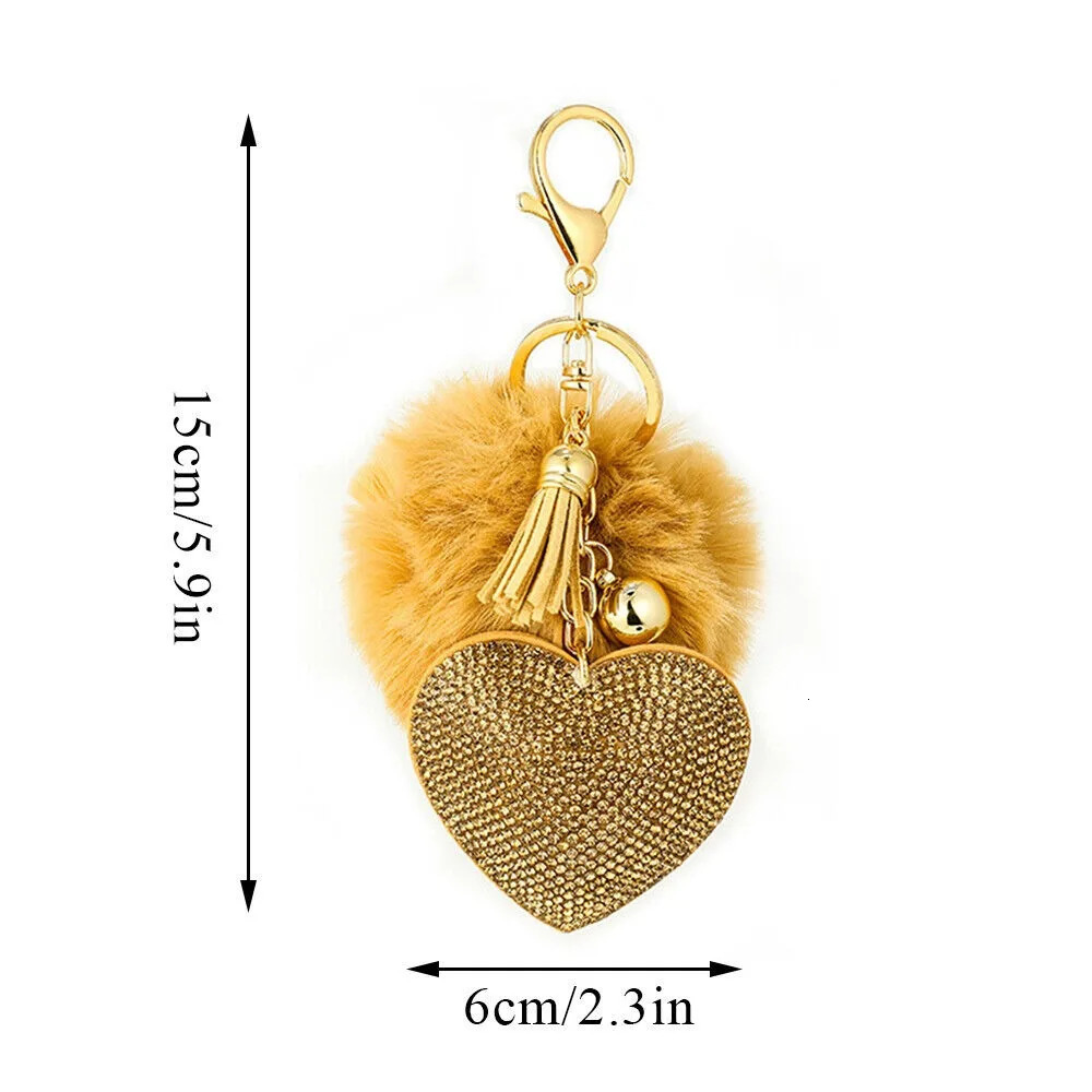 Rhinestone Heart Plush Ball Keychain Alloy Faux Fur Bag Pendant Solid Color Key Chain 251021