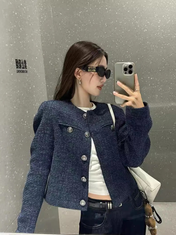 Korean Fashion Womens Short Coat in Autumn and Winter Office Lady Dark Blue Tweed Long Sleeve Crew Neck Elegant Jackets 251027