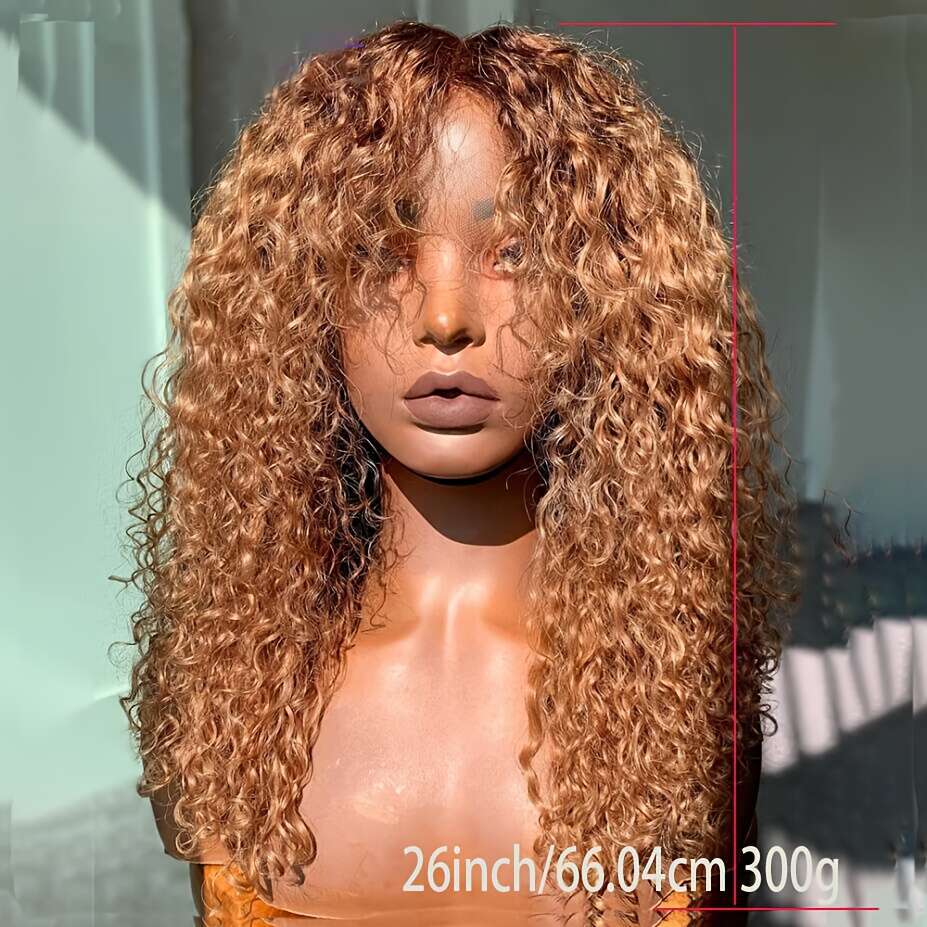 Long 26" Honey Blonde Heat Resistant Up To 356°F, Glueless Lace Front With Preplucked Hairline Bangs, 180% Density Voluminous Curly Synthetic Wig