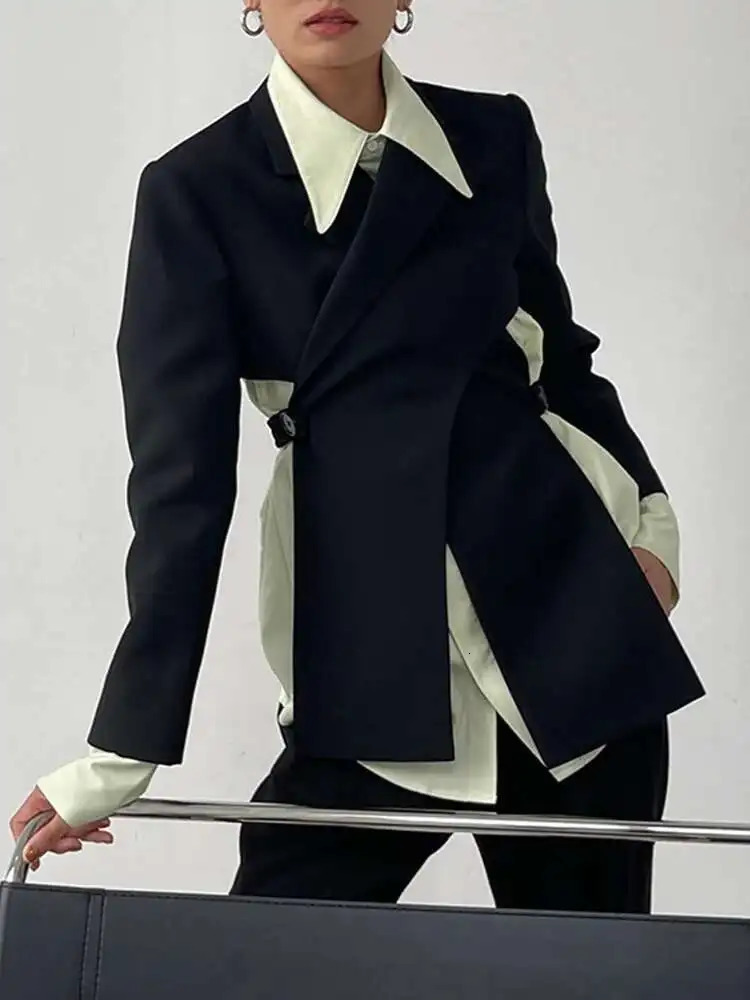 LANMREM Irregular Backless n Blazer For Women Notched Long Sleeve Solid Elegant Jackets Female Clothing Spring 251027