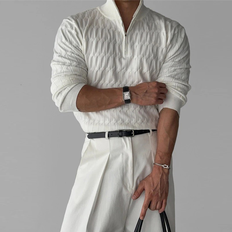 Mens Leisure Knit Mock Turtleneck Zipper Pullover Sweater Streetwear Retro Solid Long Sleeve Korean Knitwear 251016