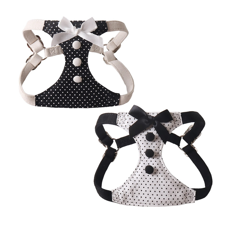 Polka Dot Pet Harness and Leash Set - Stylish Bow and Button Design, Adjustable Soft Harness, Fashionable Walking Set for Small Dogs B157