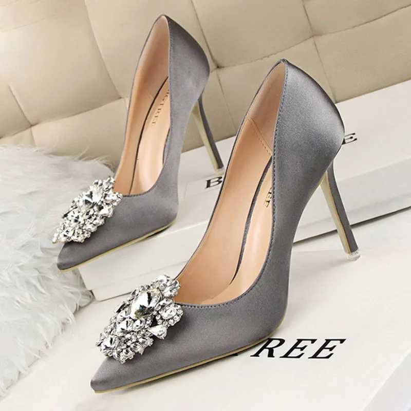 CINESSD Sier Gray Black Women Bridal Wedding Shoes Faux Silk Satin Rhine Crystal Shallow Woman Pumps Stiletto High HeelXJ251027