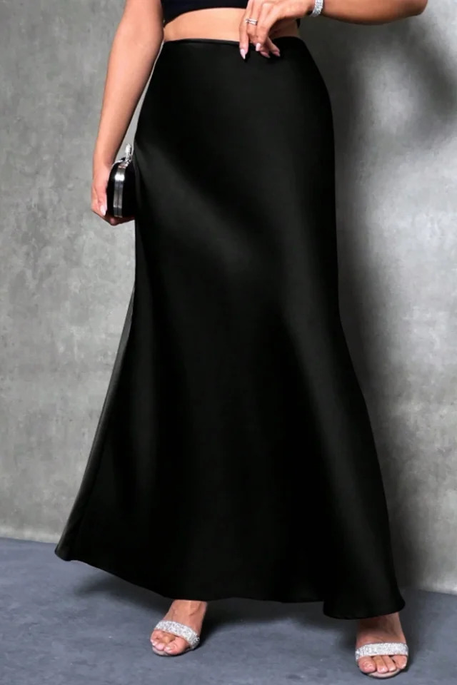 Elegant silklike satin Aline midi skirt with high waist and mermaid tail for women in spring summer 251027