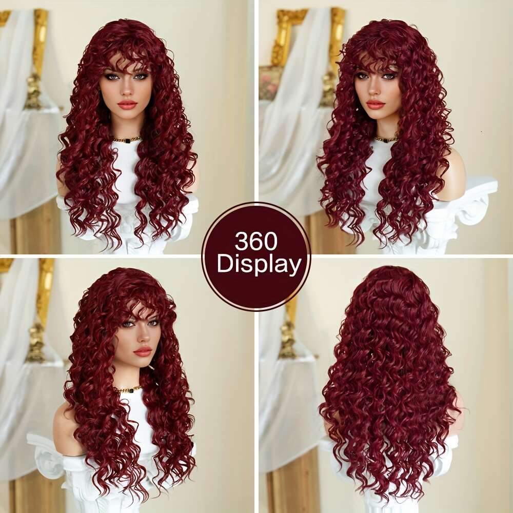 7Jhh WIGS Long Deep With Bangs Heat Resistant Synthetic Hair, Natural Look & Full Body Coverage, Women Perfect For Halloween, Parties, Everyday - Bury