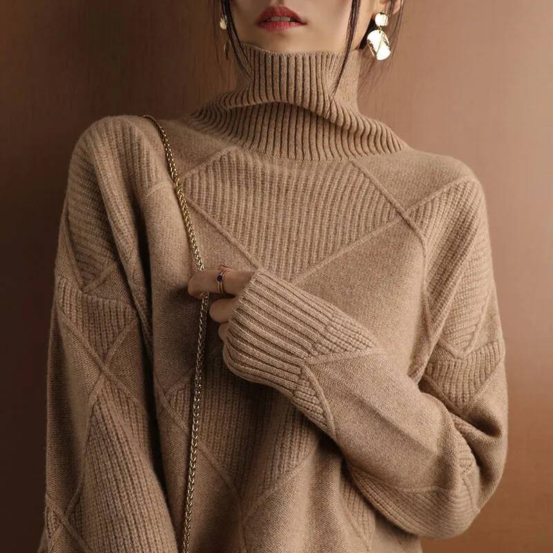 Fall/Winter Female Turtleneck Dia Cashmere Sweater Joker Solid Color Loose Pullover Thickened.
