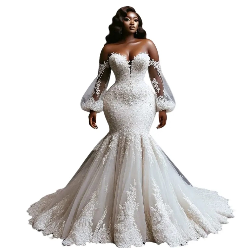 Plus Size Aso Ebi Wedding Dress in Ivory with Off Shoulder Lace and Full Sleeves Vintage Style