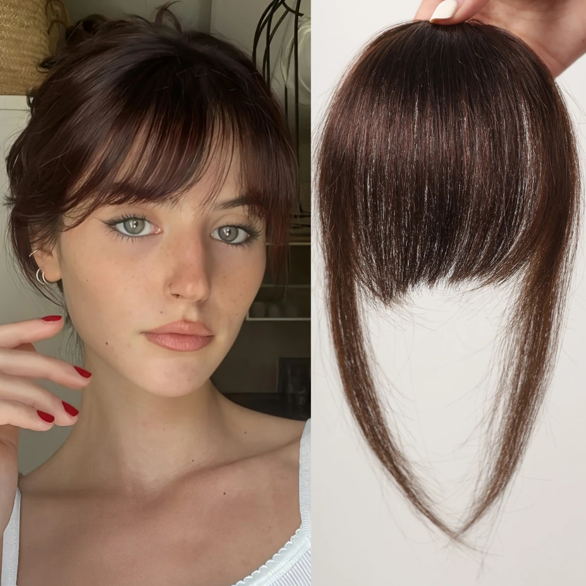 Brown Wispy Bangs Human Hair Bangs OverHead Clip in Hair Extension Natural Hair in Air Bangs Fringe Hairpieces for Women 45inch 251014