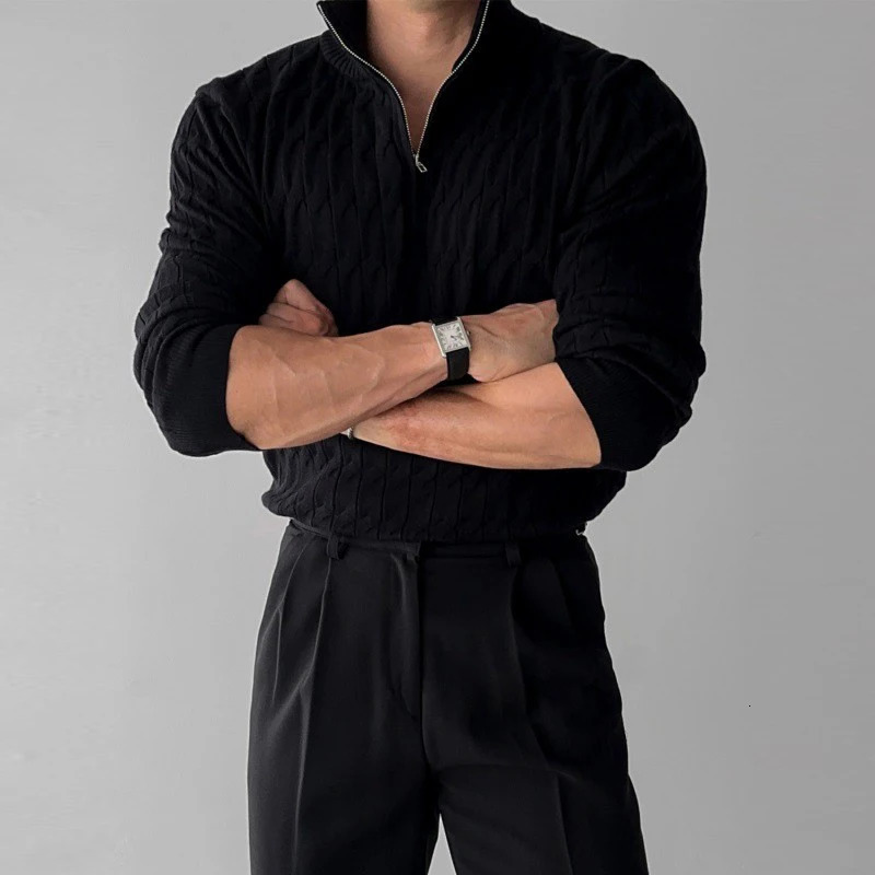 Mens Leisure Knit Mock Turtleneck Zipper Pullover Sweater Streetwear Retro Solid Long Sleeve Korean Knitwear 251016