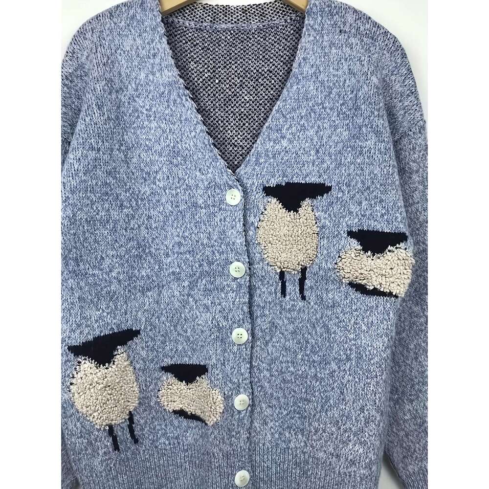 Cozy Cardigan Soft Women's V-Neck Cardigan | Cozy Sheep Print Mid-Stretch Long Sleeve Button Front Relaxed Fit Fall Winter Warm Pullover For Casu