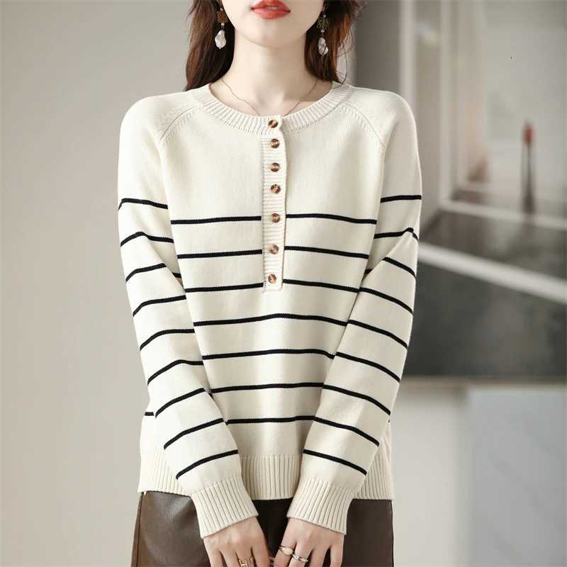 Womens LongSleeve Pullover Striped Sweater Pure Cotton Autumn Winter Warm Comfortable Casual KnitwearGH553T251027