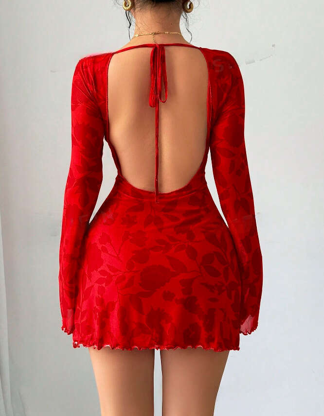 2025 Sexy Fashion New Printed Backless Elegant Flared Sleeve Short Dress