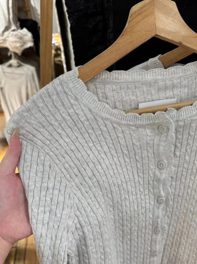 Pockets Twist Flower Knitted Sweater Cardigan ONeck Single Breasted Long Sleeve Slim Sweaters Vintage Streetwear Gray Crop Tops 251027