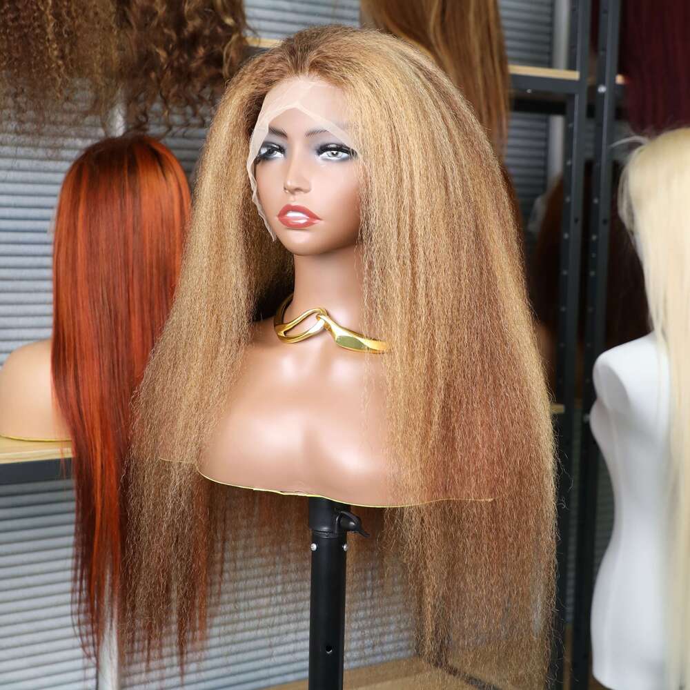 Highlight Brown Blonde Color Yaki Straight Wig 13X6 HD Transparent Lace Front Brazilian Pre Plucked Human Hair Wigs For Women