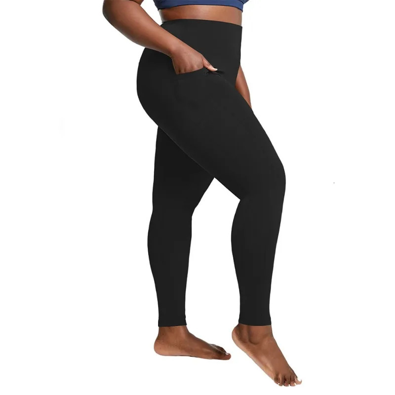 Womens Plus Size HighWaisted Yoga Leggings with Pockets Tummy Control HipHugging Workout Solid Colors Tights for Gym 251027
