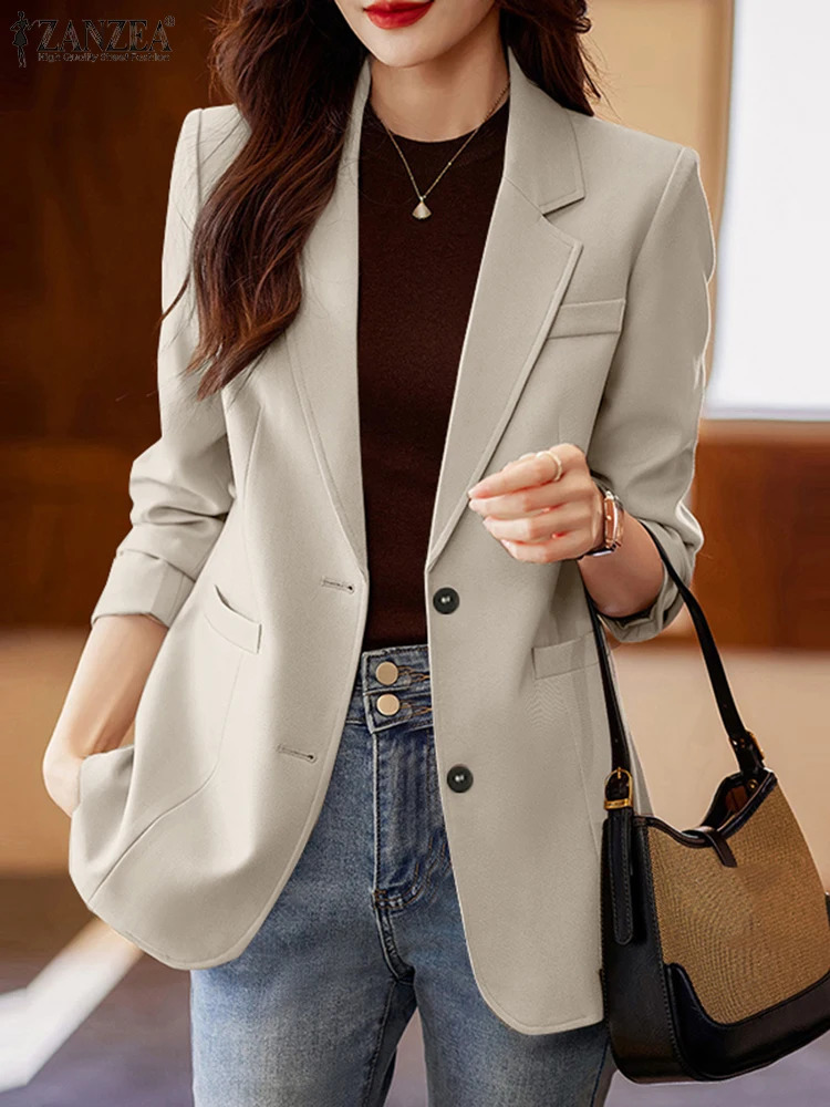 Women Autumn OL Work Blazer ZANZEA Fashion Lapel Neck Long Sleeve Solid Thin Outwears Suits Casual Buttons Jackets 251027