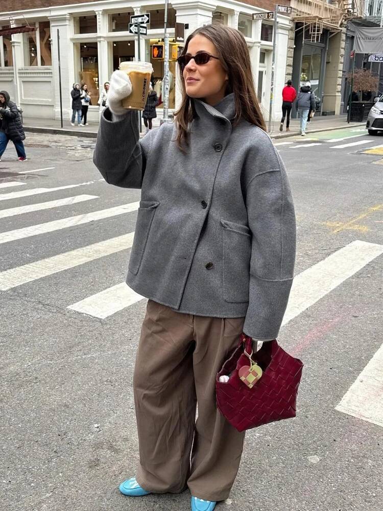 winter jacket women Retro Loose Stand Collar Tweed Coat Women Fashion Casual Gray Single Breasted Short Coats Female 2025 Autumn Chic Street Outwear