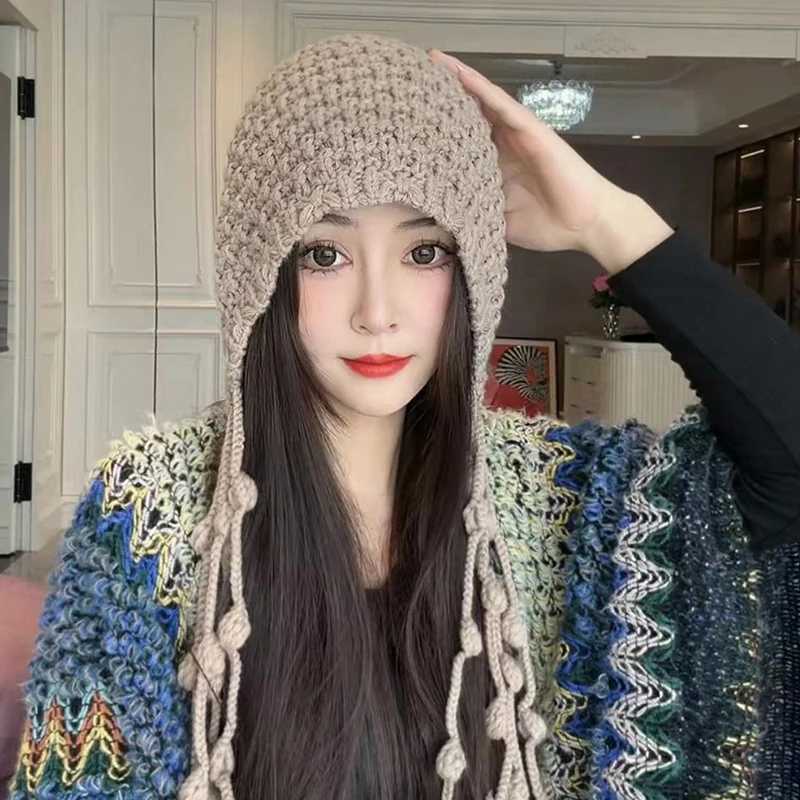 Autumn Winter Womens Hat Handknitted Woolen Tassel Cap Beanie Fashion Earprotecting Cap Outdoor Warmth Headscarf HatW251027
