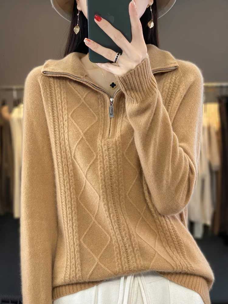 Women 100 Merino Wool Sweater Turtleneck Twisted Zipper Half Open Neck Pullover Autumn Winter Thickened Casual Knit Loose TopsT251027