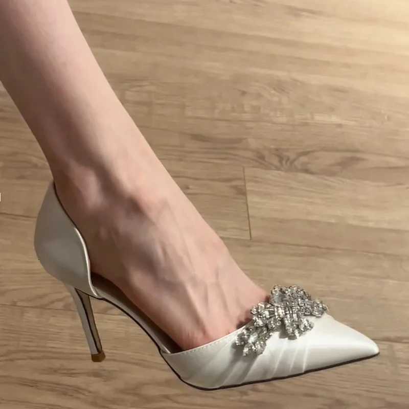 New Pointed Head Shallow Mouth Versatile White High Heels Niche Wedding Shoes Womens Rhine Satin Hollow Stiletto ShoesXJ251027