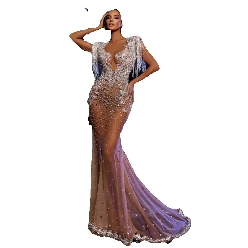 Vintage Sequined Lace Prom Dresses Sexy Sleeveless Tassels Beaded Evening Dress Floor Length Party Gown Customized