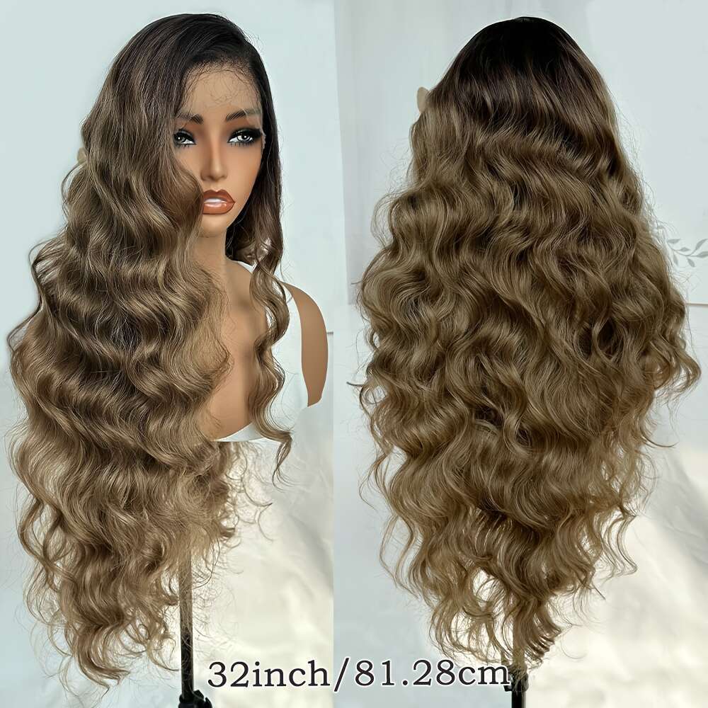 Synthetic Wig, 32-Inch Black Gradient Brown, High Temperature Fiber Wig With Brown Body Waves And Fluffy Style,