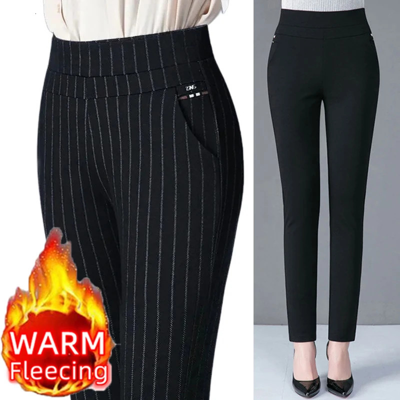 Autumn Winter Casual Elegant Office Slimming Solid Color Fleecing Thick Thin Womens Pants Elastic Waist Tight Pencil 251027